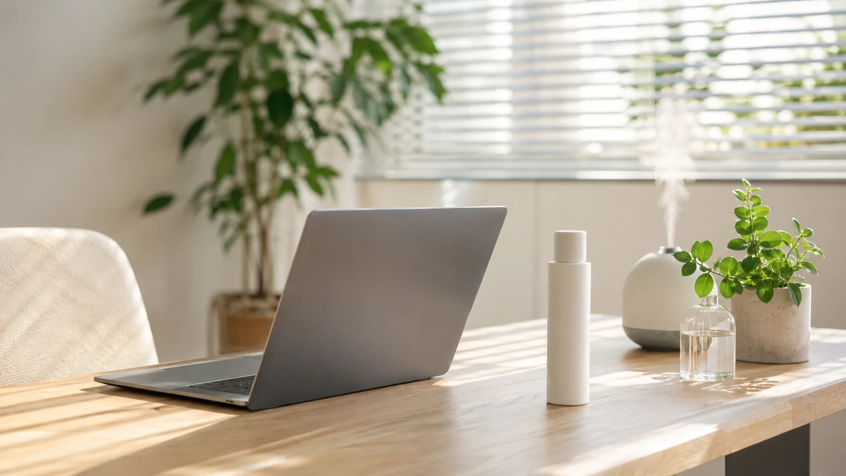 木目調デスクにノートPCと小さな加湿器、観葉植物、ラベルなしの白い化粧水ボトルが置かれた在宅オフィスのシーン。ブラインドの隙間から柔らかな朝光が差し込む